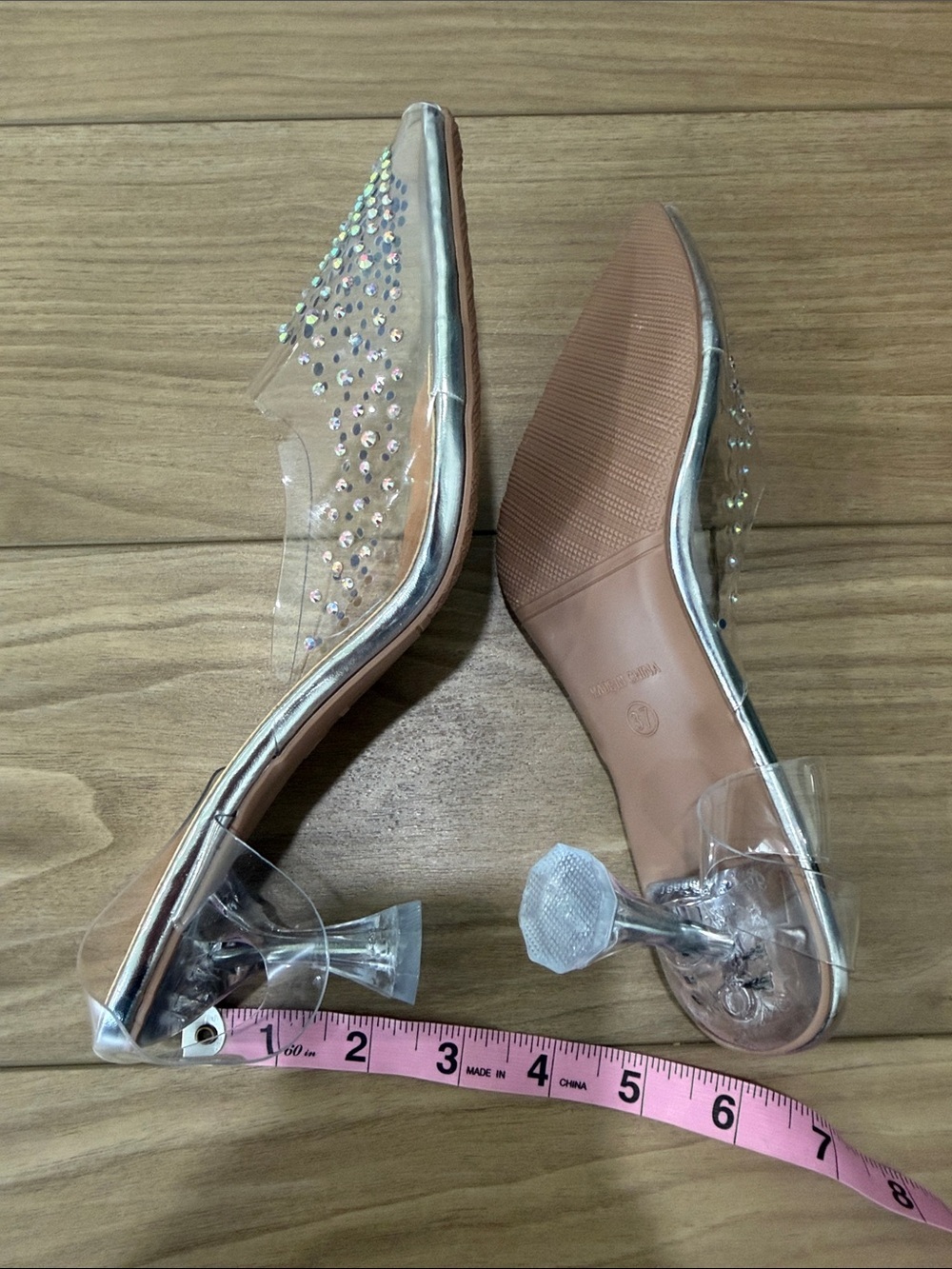 Clear Pointed Toe Slingback Heels with Iridescent Rhinestones - Picture 4 of 6